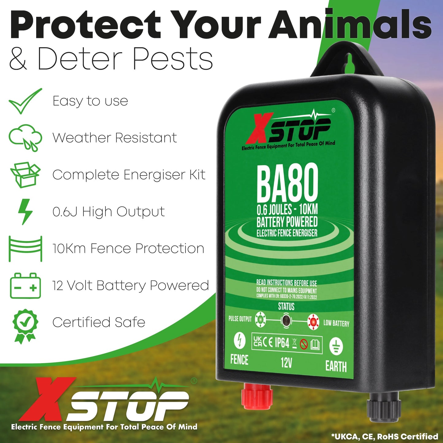 X-Stop BA80 12v Battery Powered Electric Fence Energiser 0.6J - 10Km | X-Stop