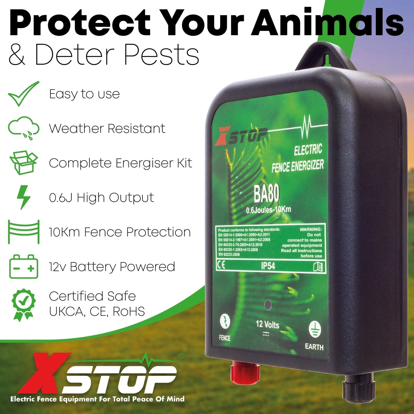 BA80 12v Battery Powered Electric Fence Energiser for Chickens 0.6J - 10Km | X-Stop