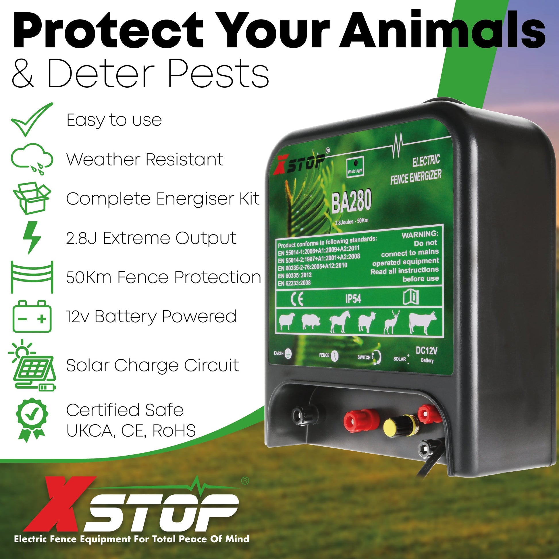 BA280 12v Battery Powered Electric Fence Energiser 1.6J - 30Km | X-Stop